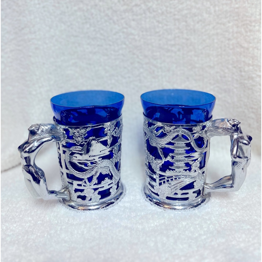 Pair of Antique cobalt, blue dragon glass tankards